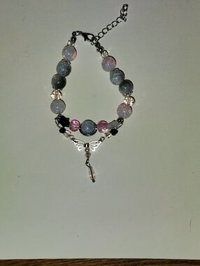 Handmade Blue & Pink Beaded Bracelet with Silver Angel Accent